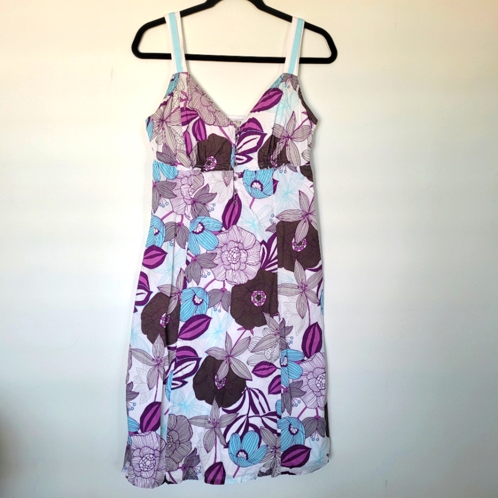 VTG ESPRIT Floral Dress White Purple Turquoise Size 6 100% Cotton Summer Y2K